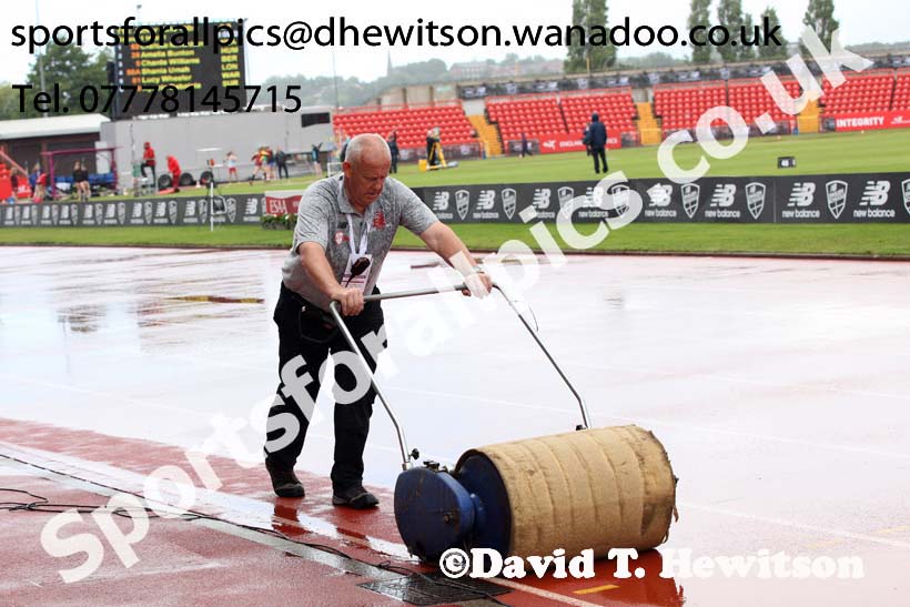 Drying the track, English Schools Track and Field. Photo: David T. Hewitson/Sports for All Pics